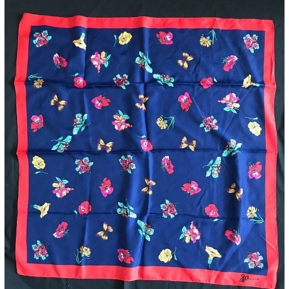 Vintage JP Collections Blue Red Floral Butterflies Scarf 30” x 31”